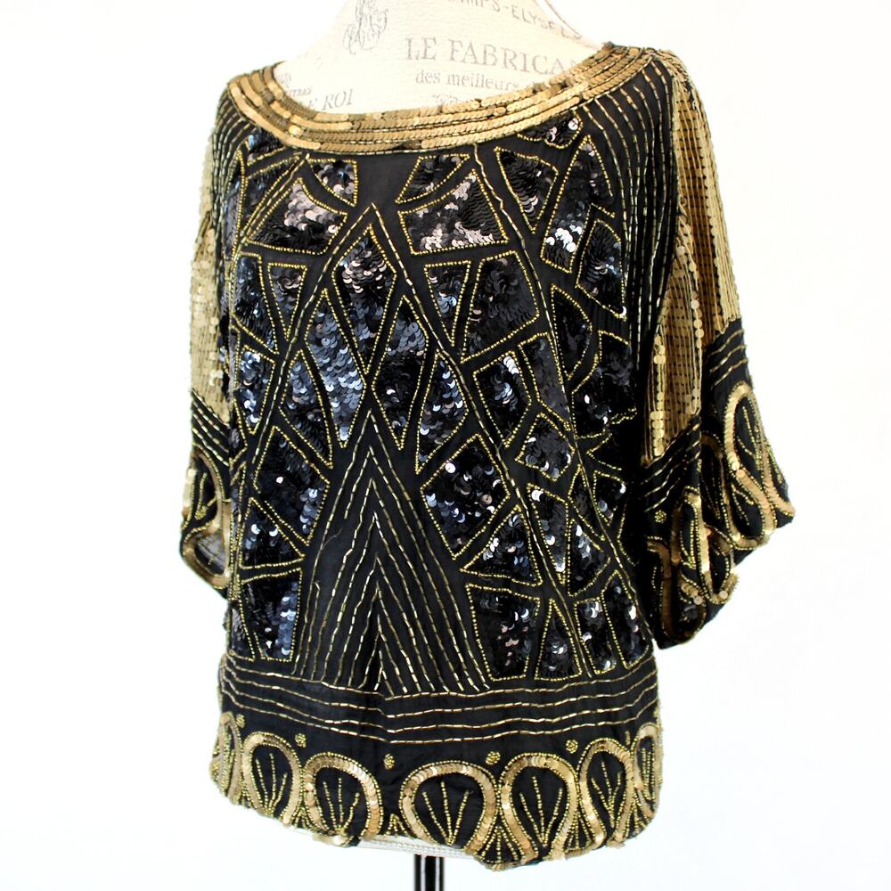 Vintage 80's Amor Black/gold 100% Silk Beaded Great Gatsby Top Blouse Medium